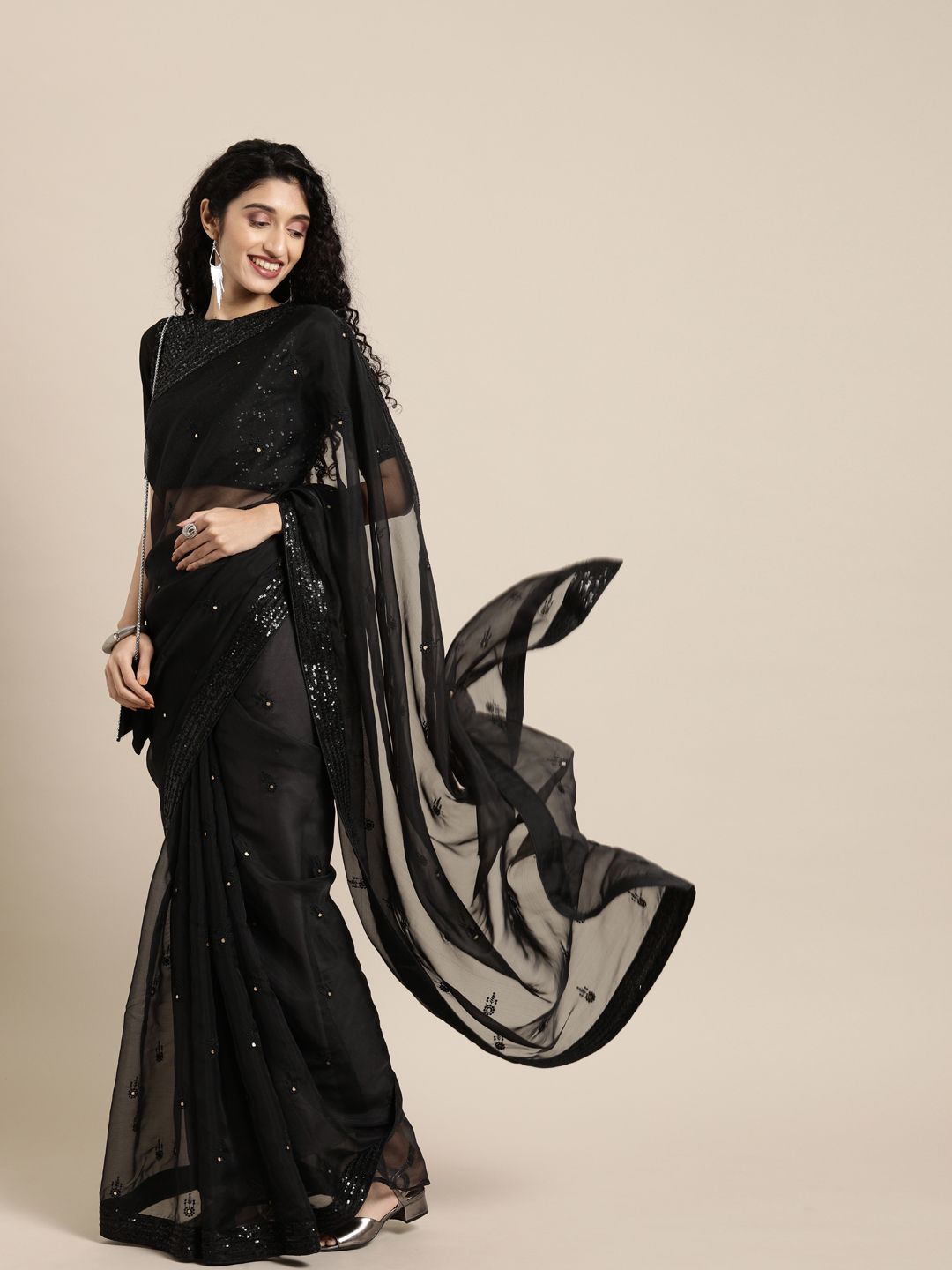 Inddus Black Embroidered Organza Saree