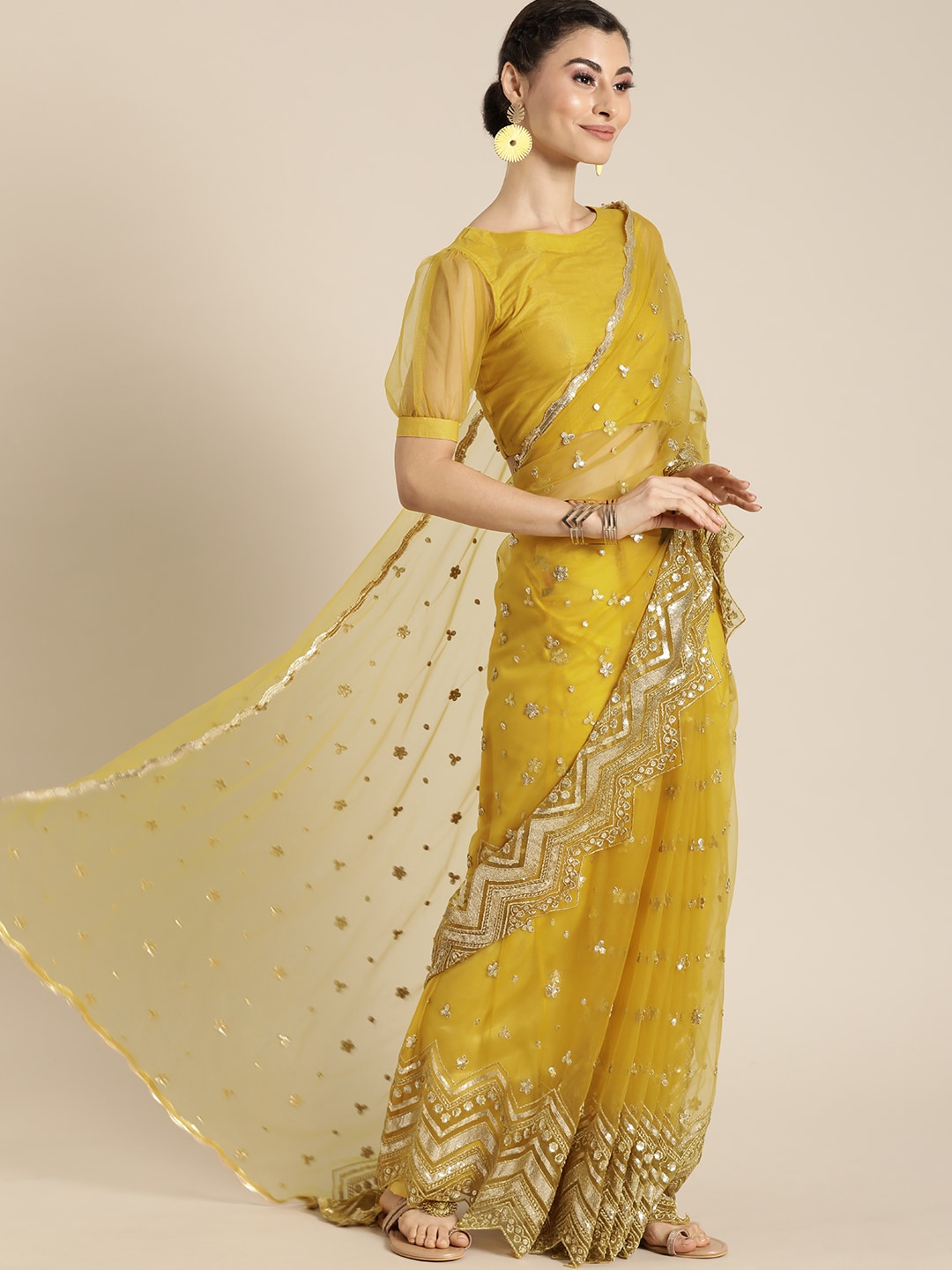 Inddus Mustard Yellow & Gold-Toned Net Embroidered Saree Price in India