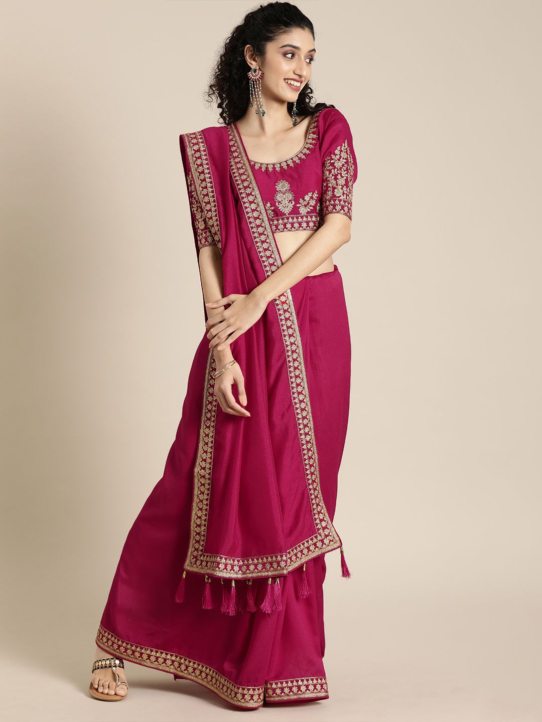 Inddus Magenta Pink Solid Silk Blend Embroidered Border Saree