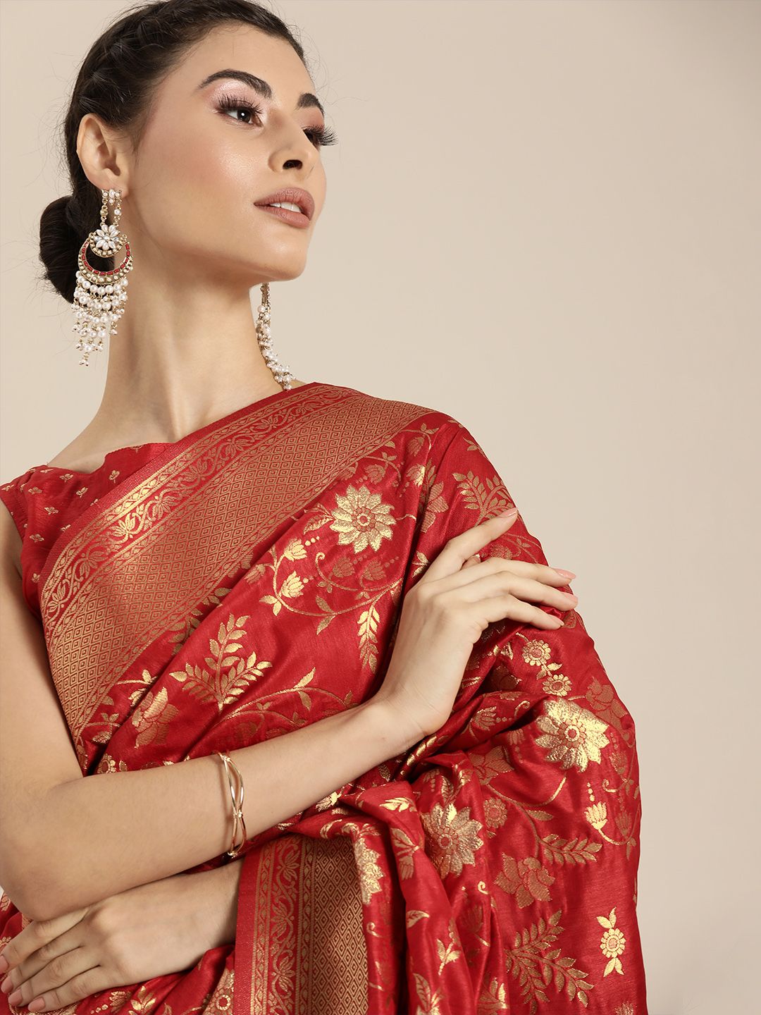 Inddus Red & Gold-Coloured Silk Blend Woven Design Banarasi Saree