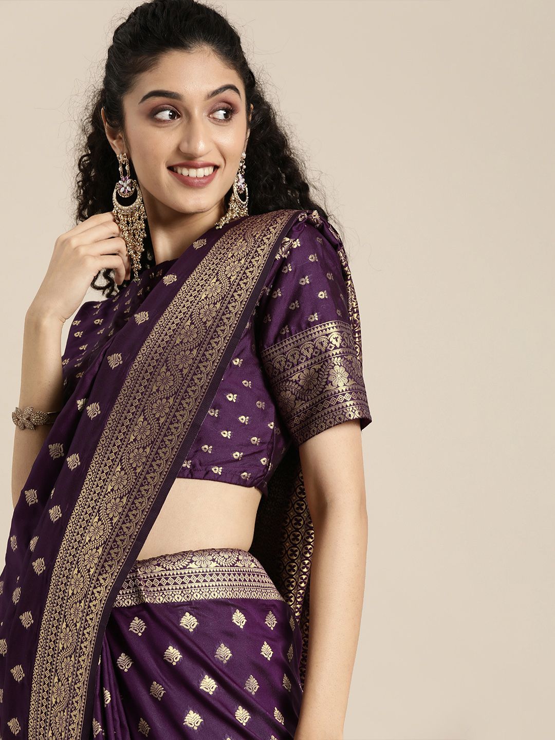 Inddus Purple & Golden Silk Blend Woven Design Banarasi Saree