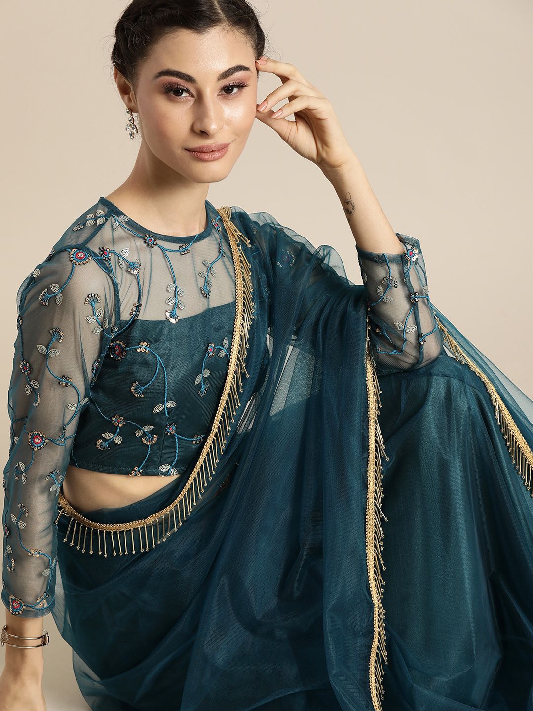 Inddus Teal Blue Solid Net Saree with Embellished Border