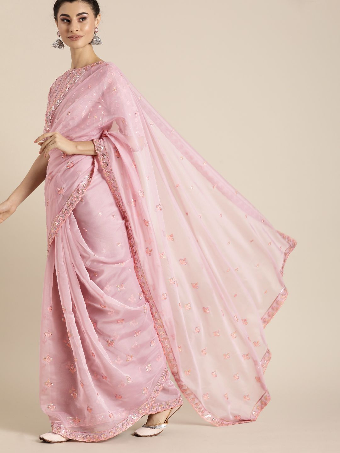 Inddus Pink Embellished Organza Saree