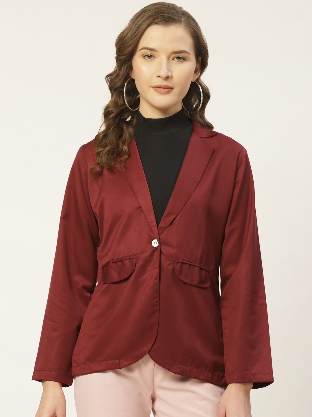 JAINISH Women Maroon Solid Twill Weave Single-Breasted Smart Casual Blazer Price in India