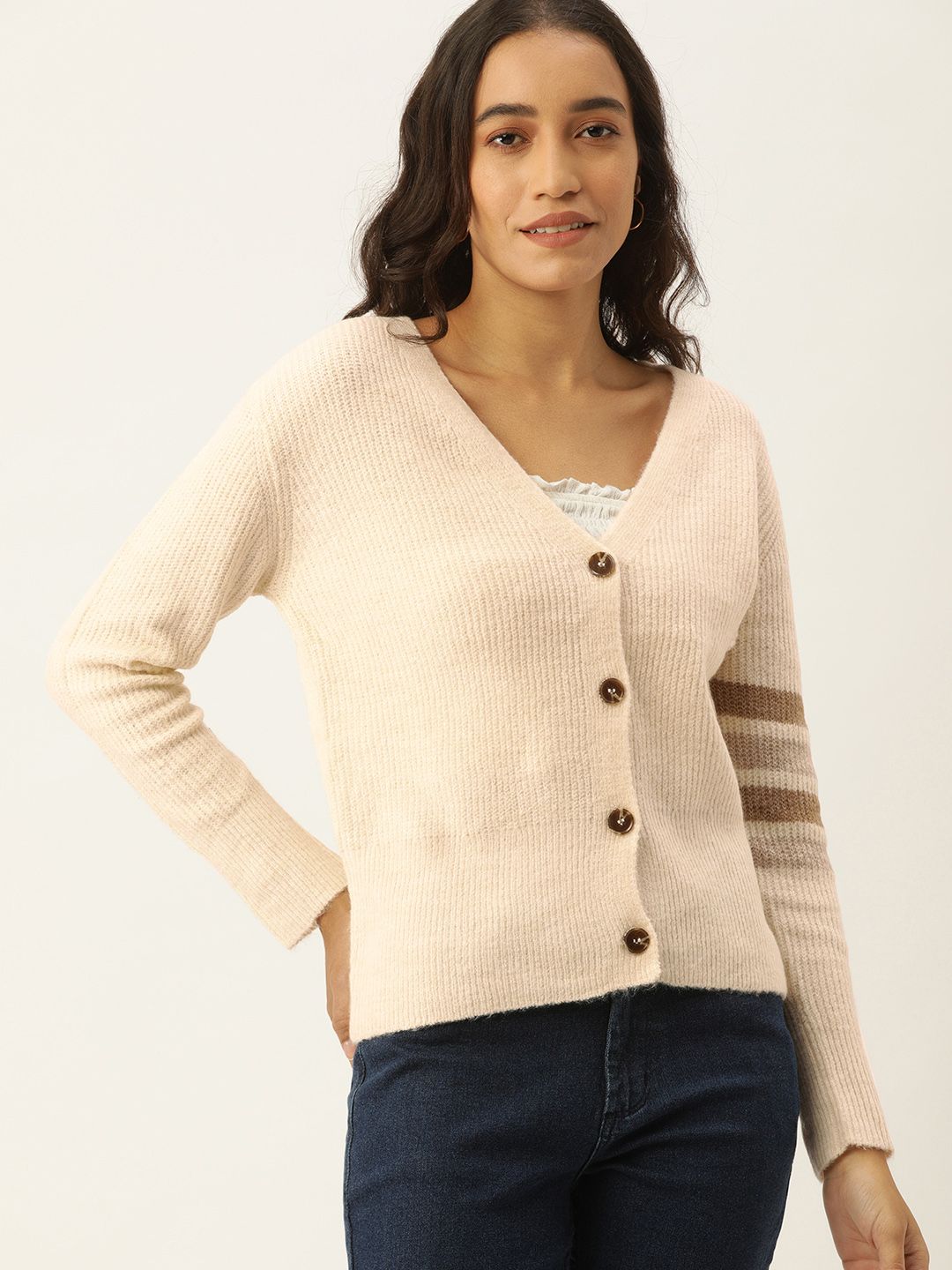 AND Women Pink & Beige Striped Button Shrug Price in India
