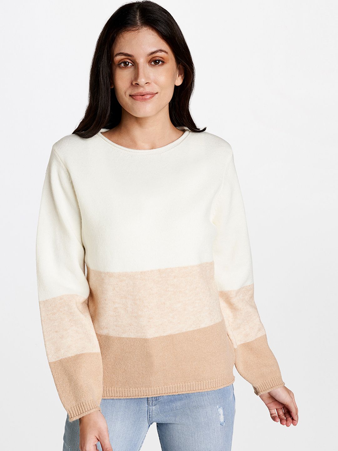 AND Women Off White & Beige Colourblocked Pullover Sweater Price in India