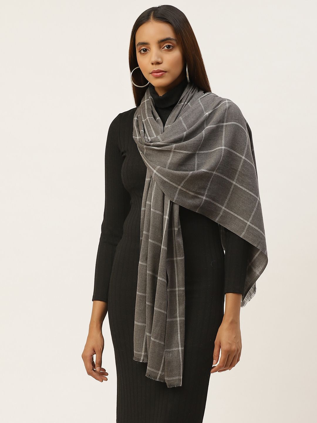 Anekaant Women Charcoal Grey & White Checked Frayed Stole Price in India