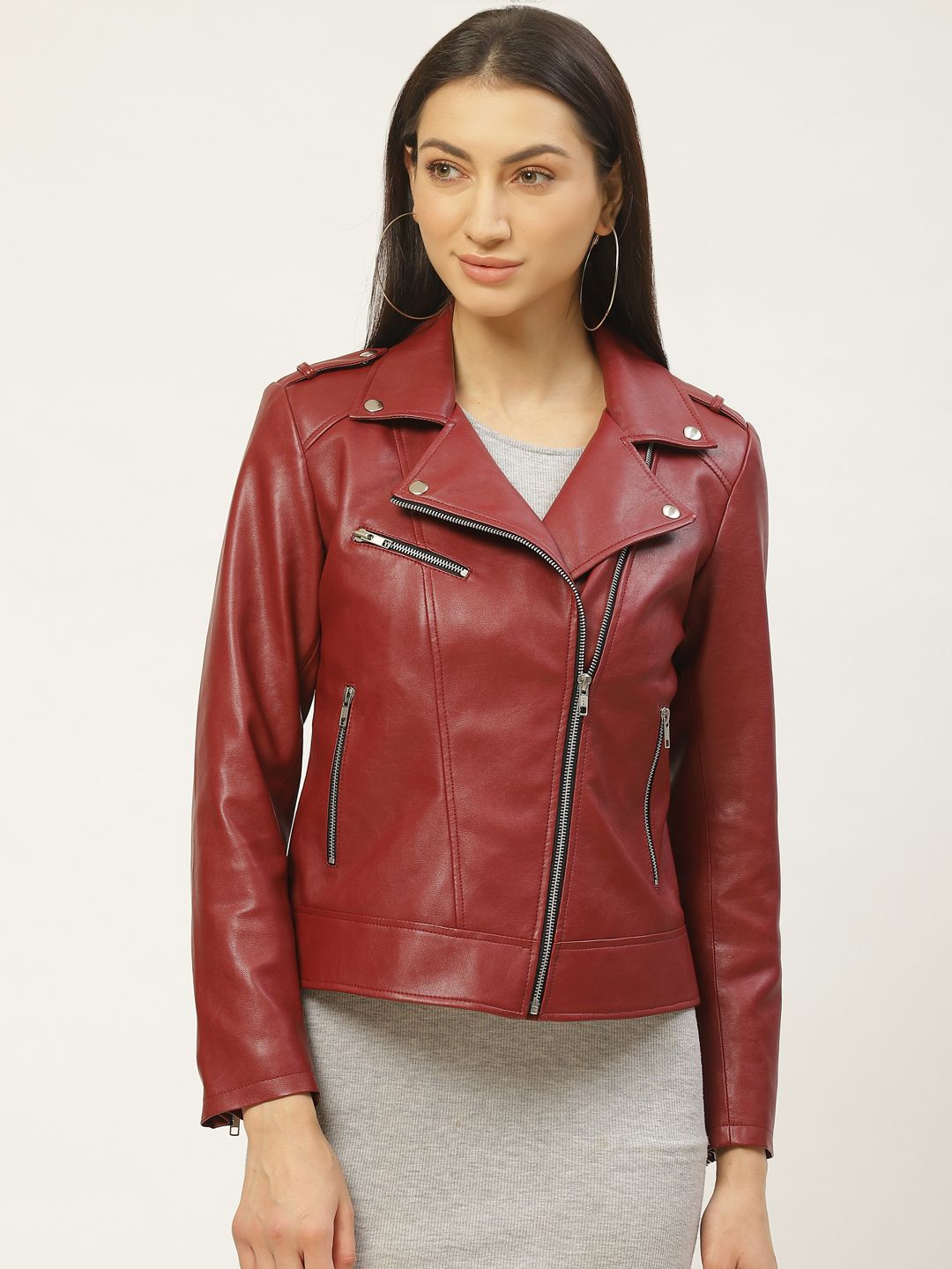 Leather Retail Women Maroon Solid Lightweight Biker Jacket Price in India