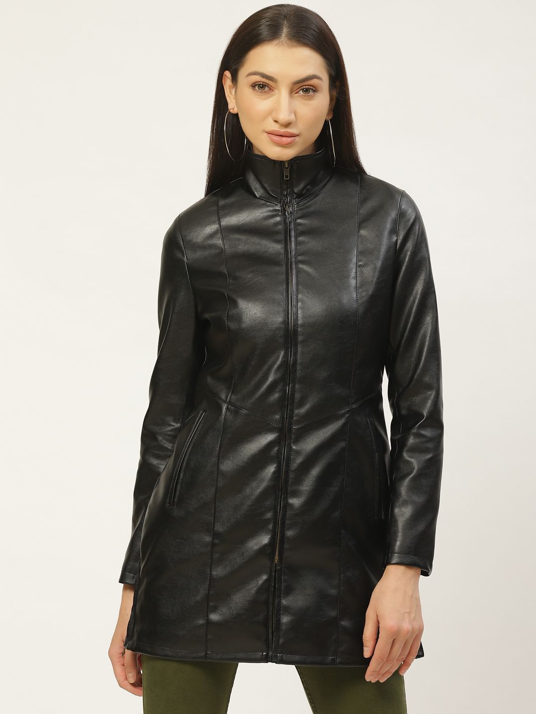 Leather Retail Women Black Solid Lightweight Longline  Tailored Jacket Price in India
