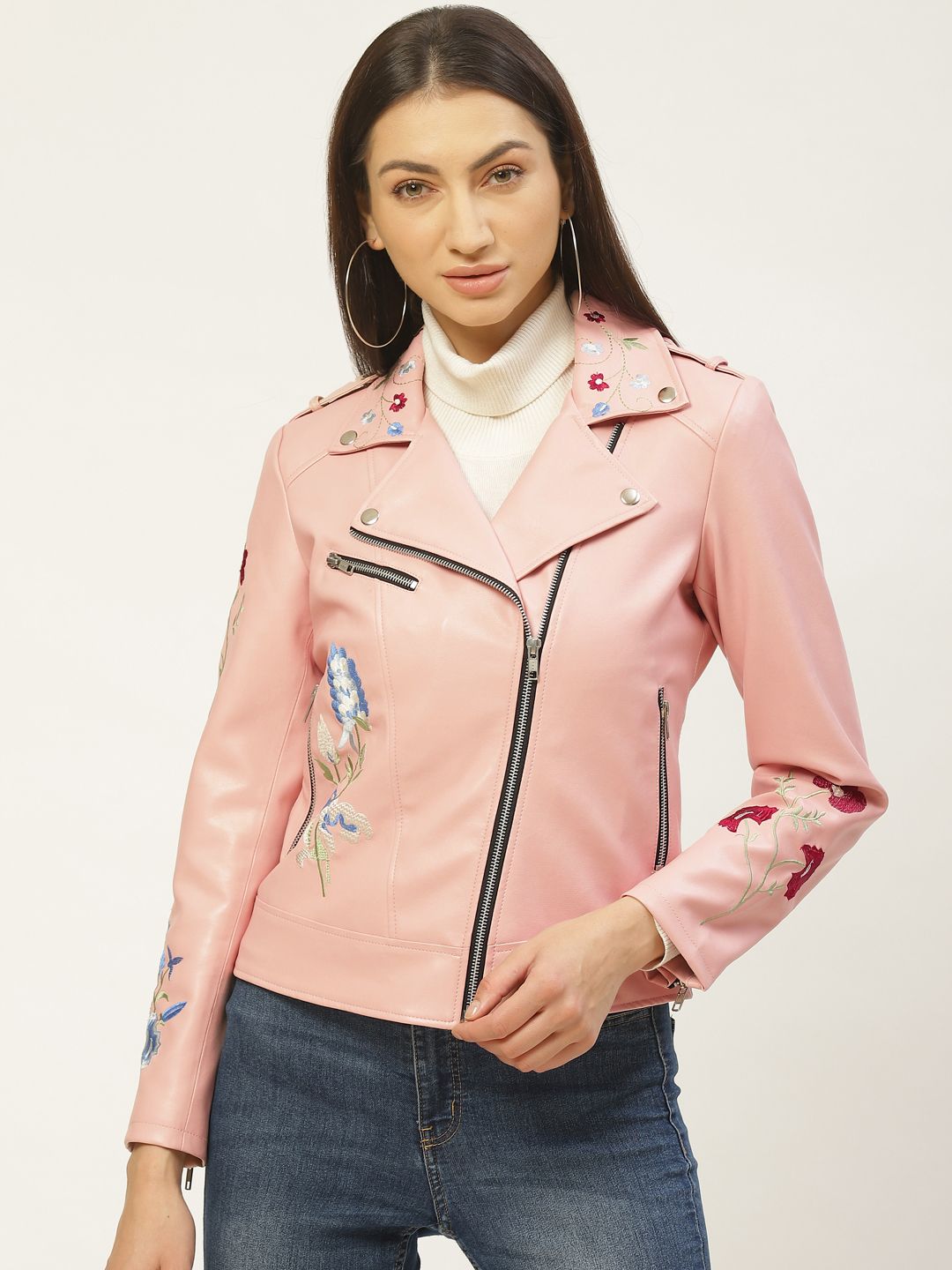Leather Retail Women Peach-Coloured Embroidered Detail Lightweight Biker Jacket Price in India
