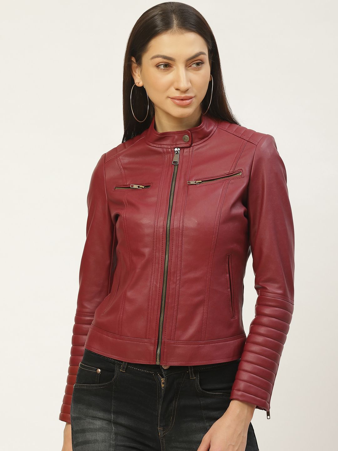 Leather Retail Women Red Solid Lightweight Biker Jacket Price in India