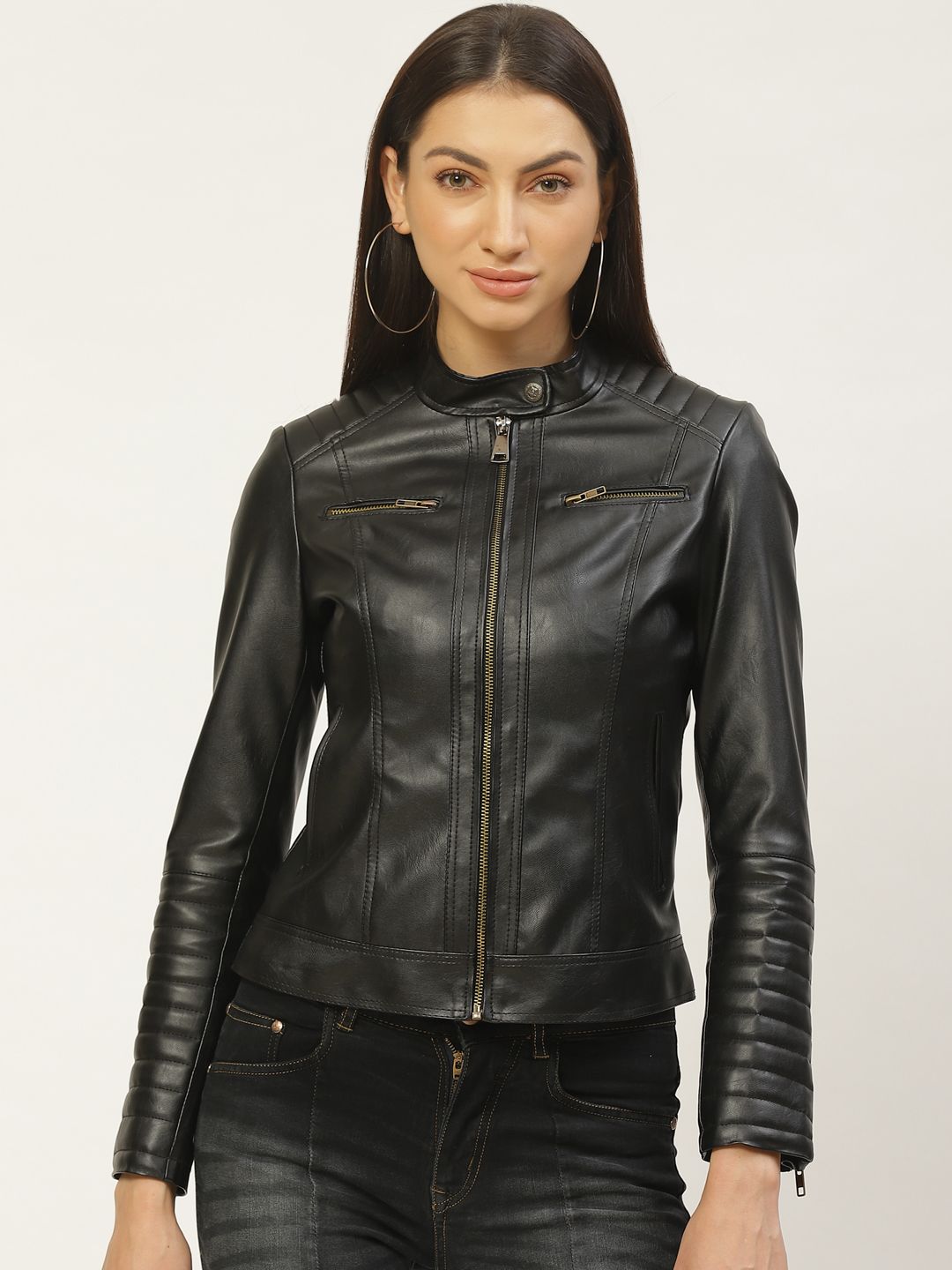 Leather Retail Women Black Solid Lightweight Biker Jacket Price in India