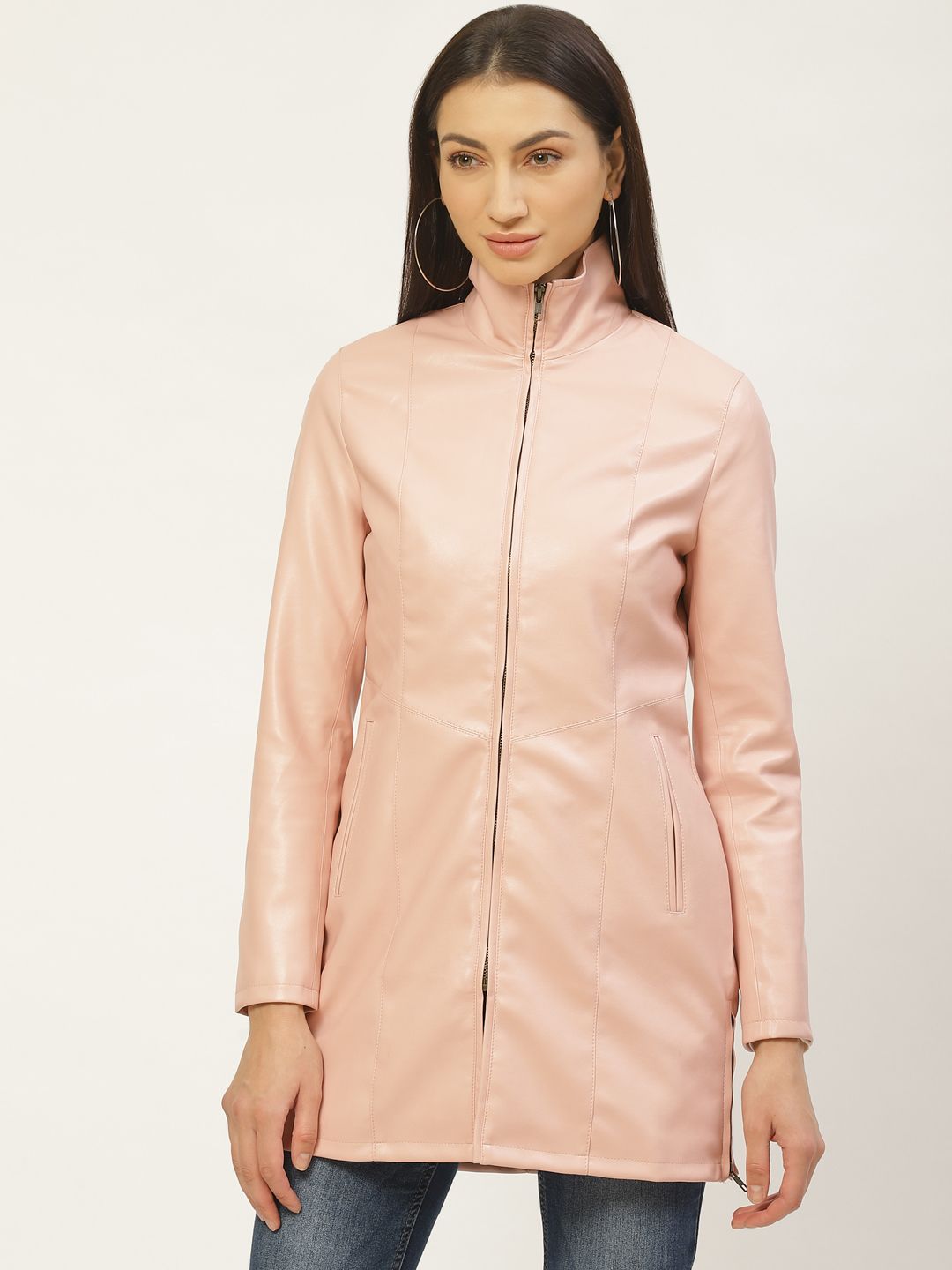 Leather Retail Women Peach-Coloured Solid Lightweight Longline Tailored Jacket Price in India