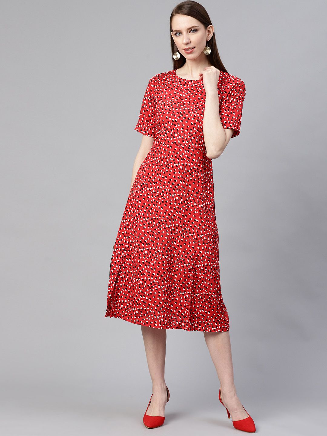 plusS Women Red & White Abstract Print A-Line Midi Dress Price in India