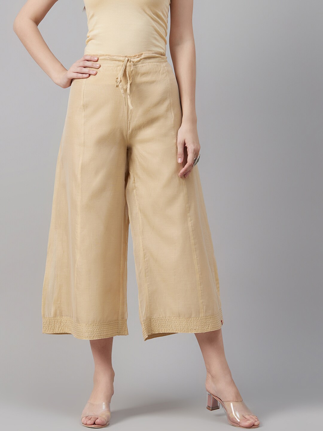Biba Women Beige Solid Straight Cropped Palazzos Price in India