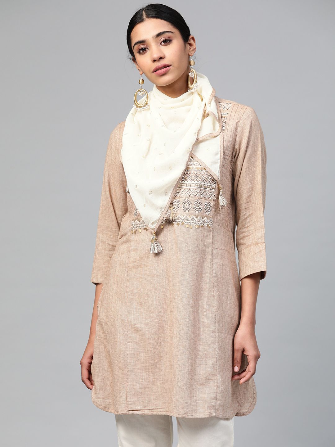 Biba Women Beige & Off-White Yoke Design Straight Kurta with Stole