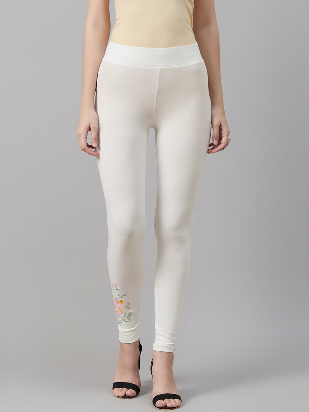 Biba Women White Solid Ankle Length Leggings with Floral Print Detail Price in India