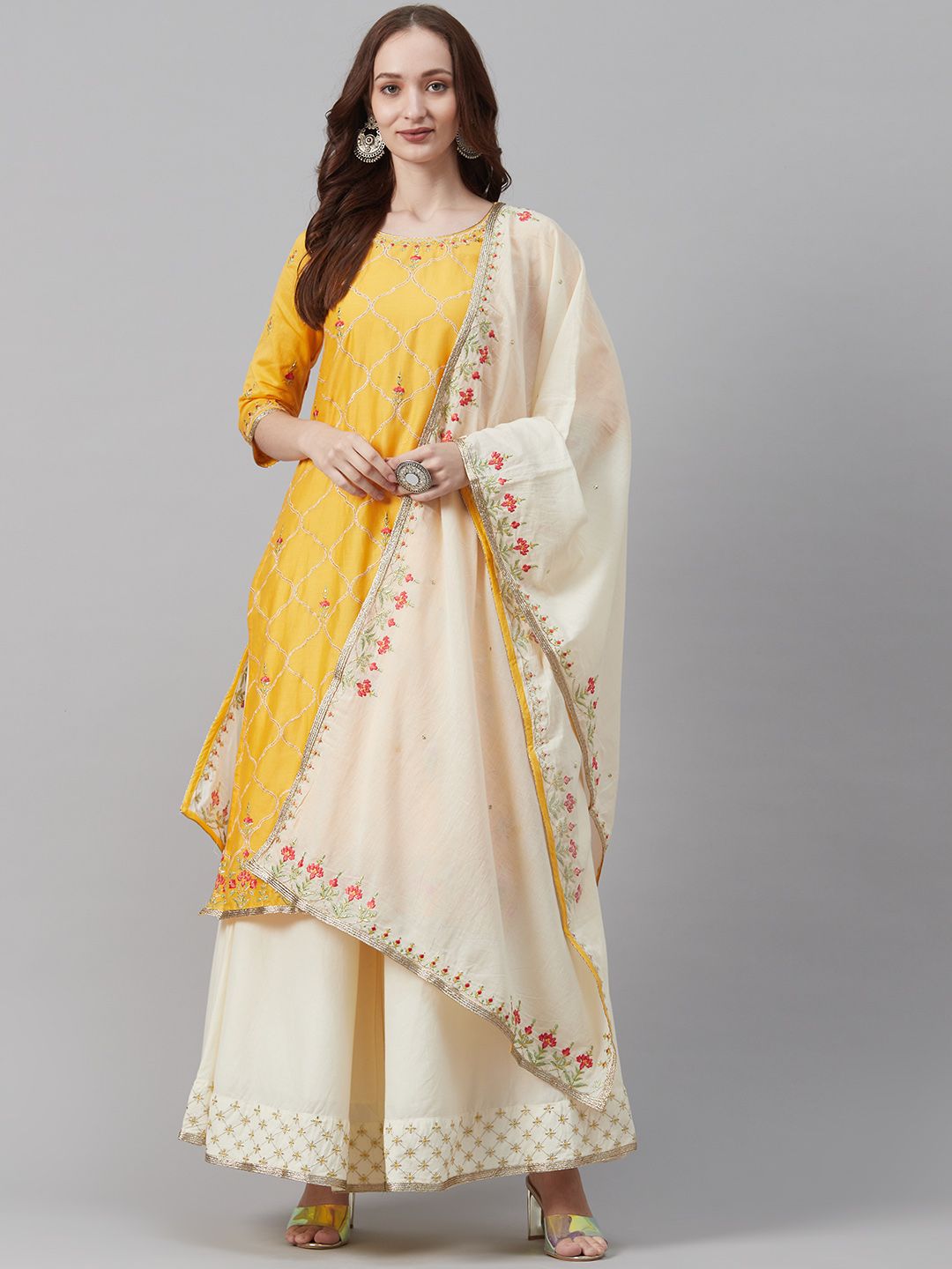 Biba Women Yellow & White Embroidered Kurta with Palazzos & Dupatta