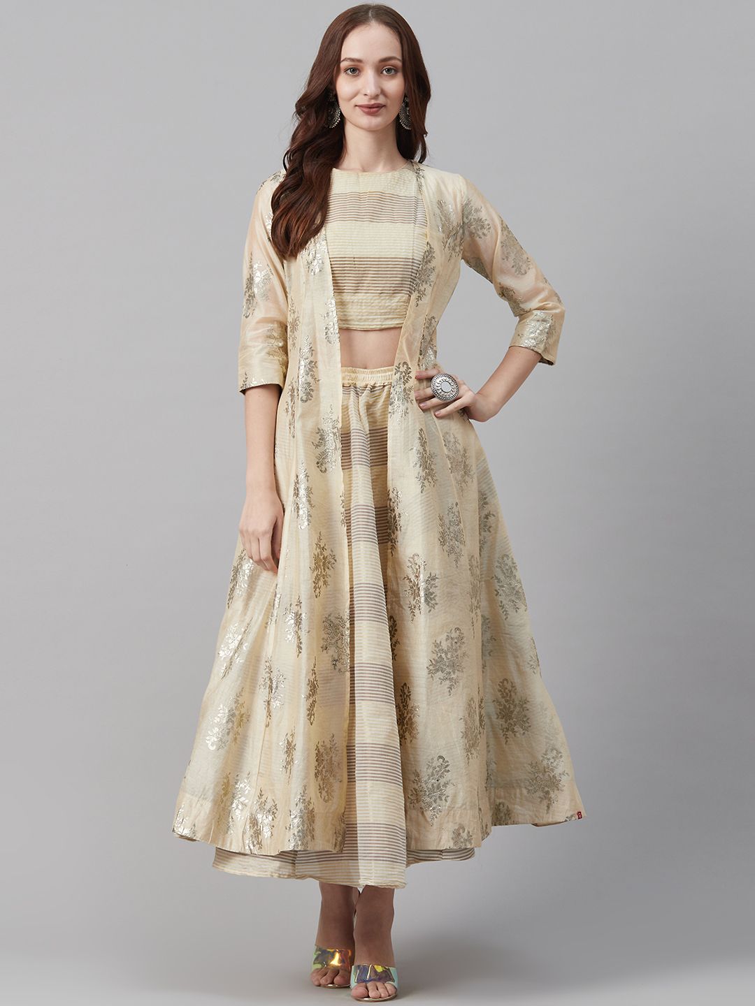 Biba Women Cream-Coloured & Brown Striped Cropped Top with Skirt & Ethnic Jacket Price in India