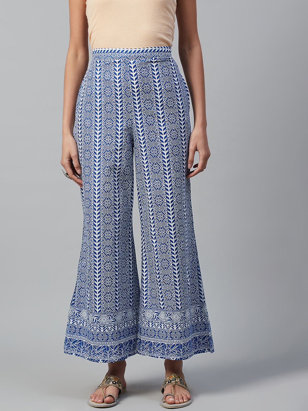 Yuris Women Blue & White Pure Cotton Printed Wide Cropped Palazzos Price in India