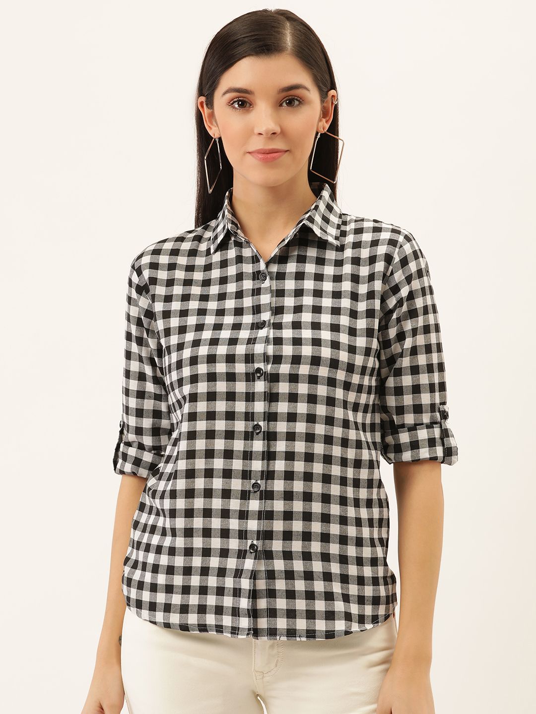 Darzi Women Black & White Regular Fit Checked Formal Shirt