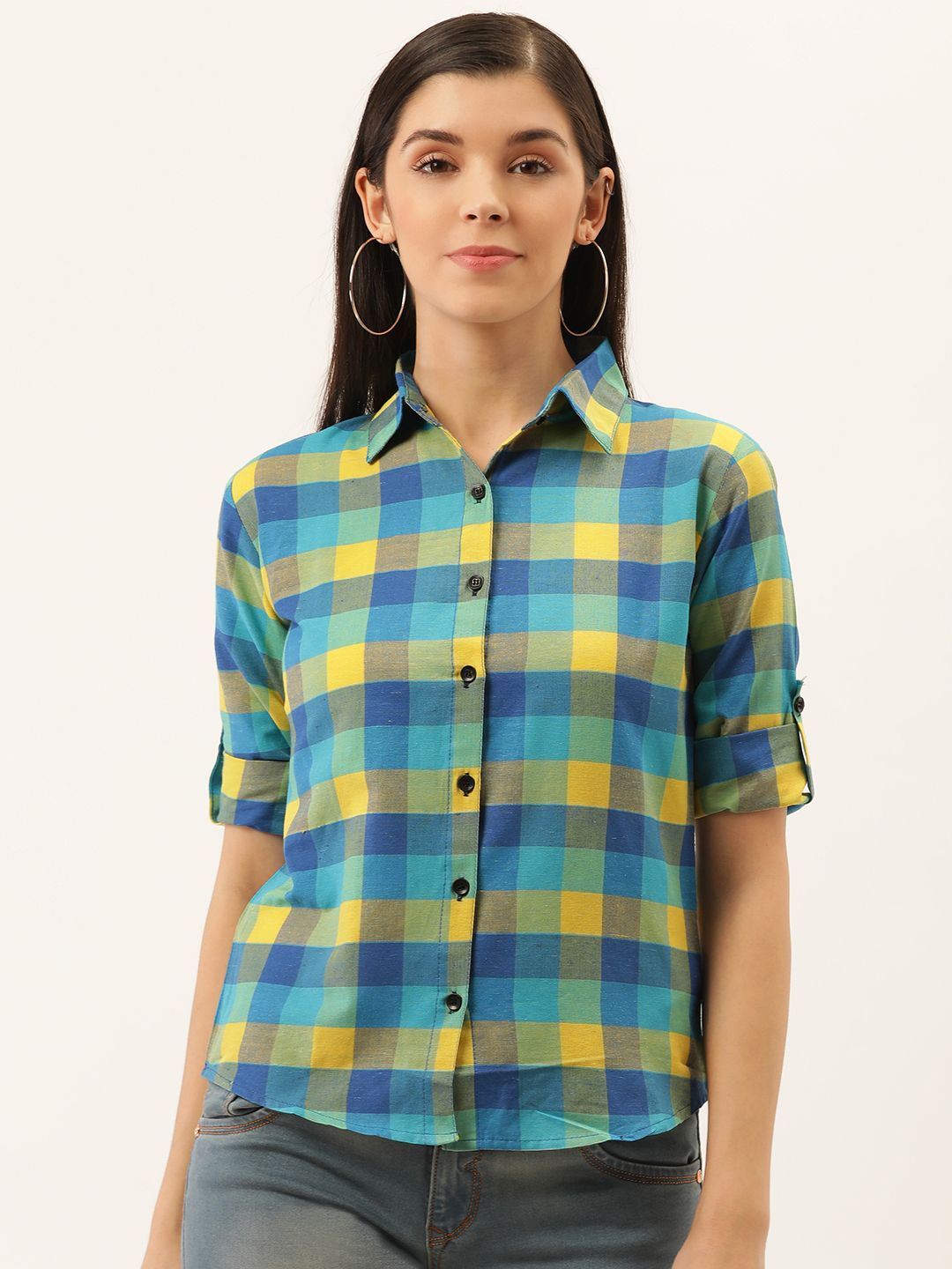 Darzi Women Blue & Yellow Regular Fit Checked Formal Shirt