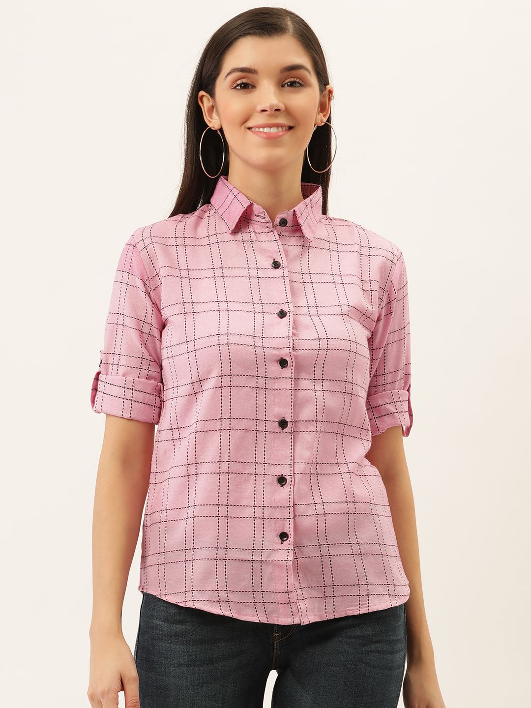 Darzi Women Pink & Black Regular Fit Checked Semiformal Shirt