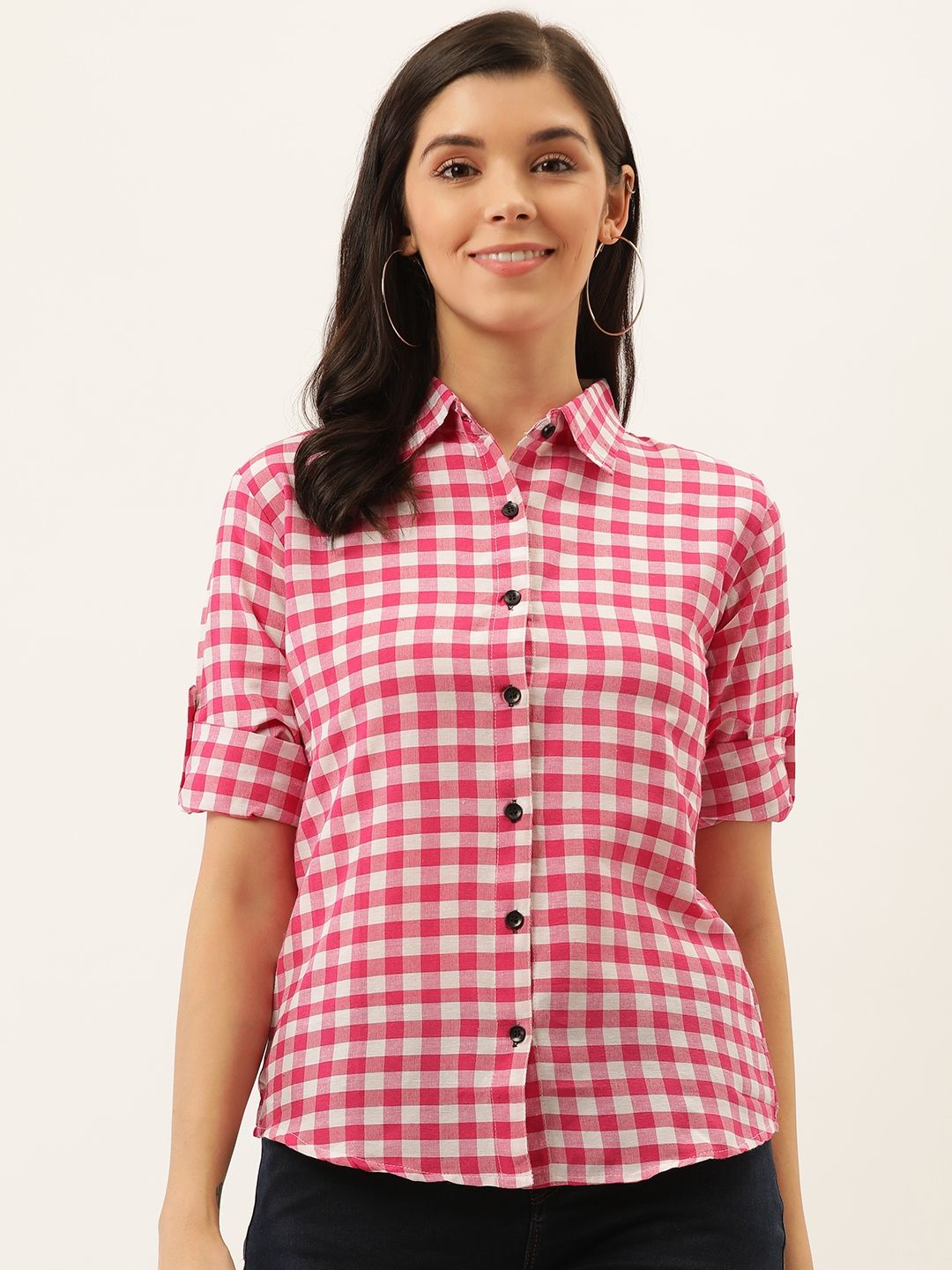 Darzi Women Pink & White Regular Fit Checked Formal Shirt