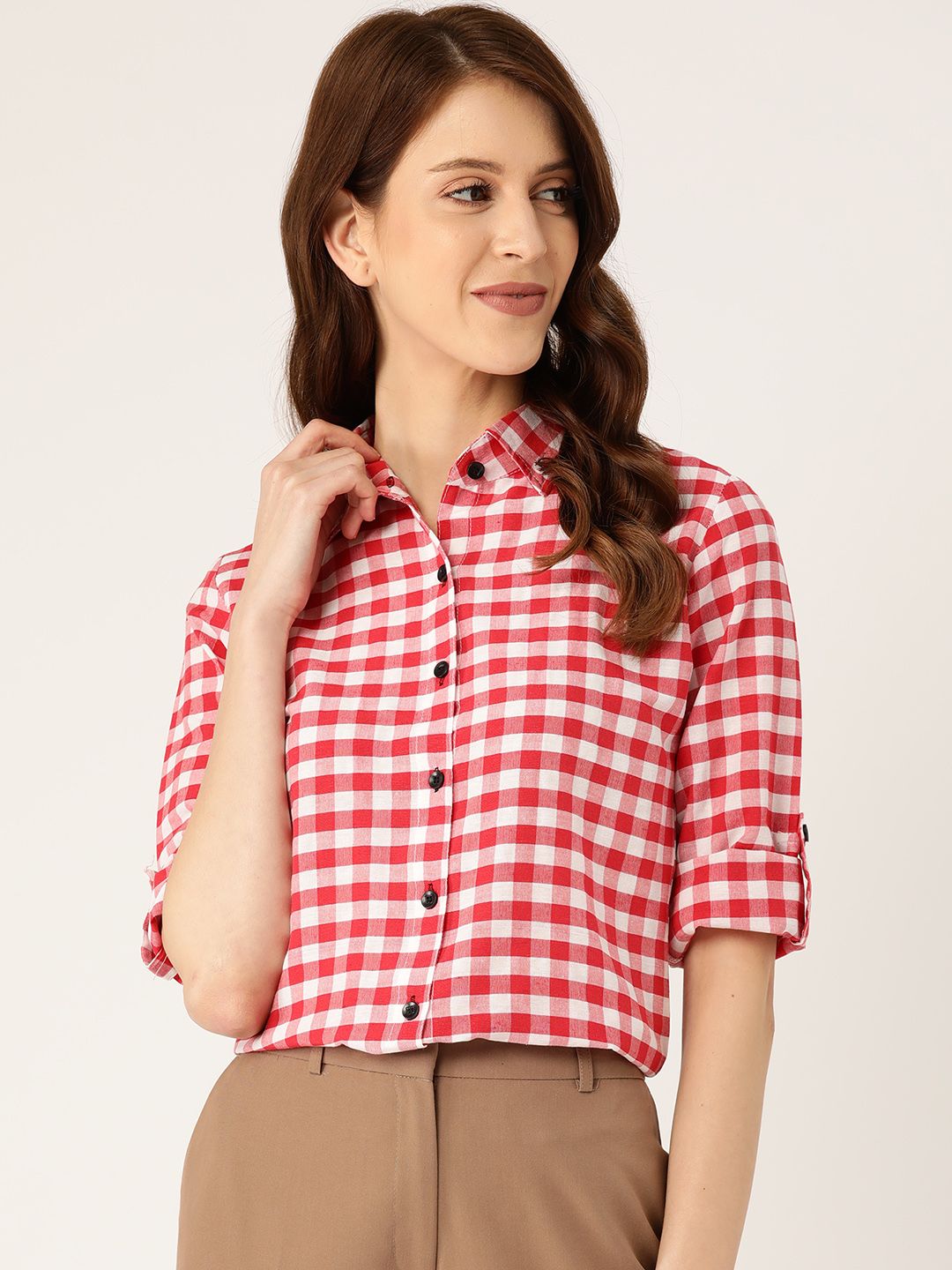 Darzi Women Red & White Checked Regular Fit Formal Shirt