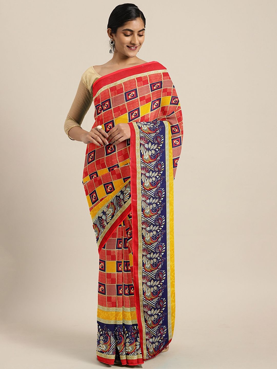 KALINI Red & Mustard Yellow Pure Georgette Printed Saree