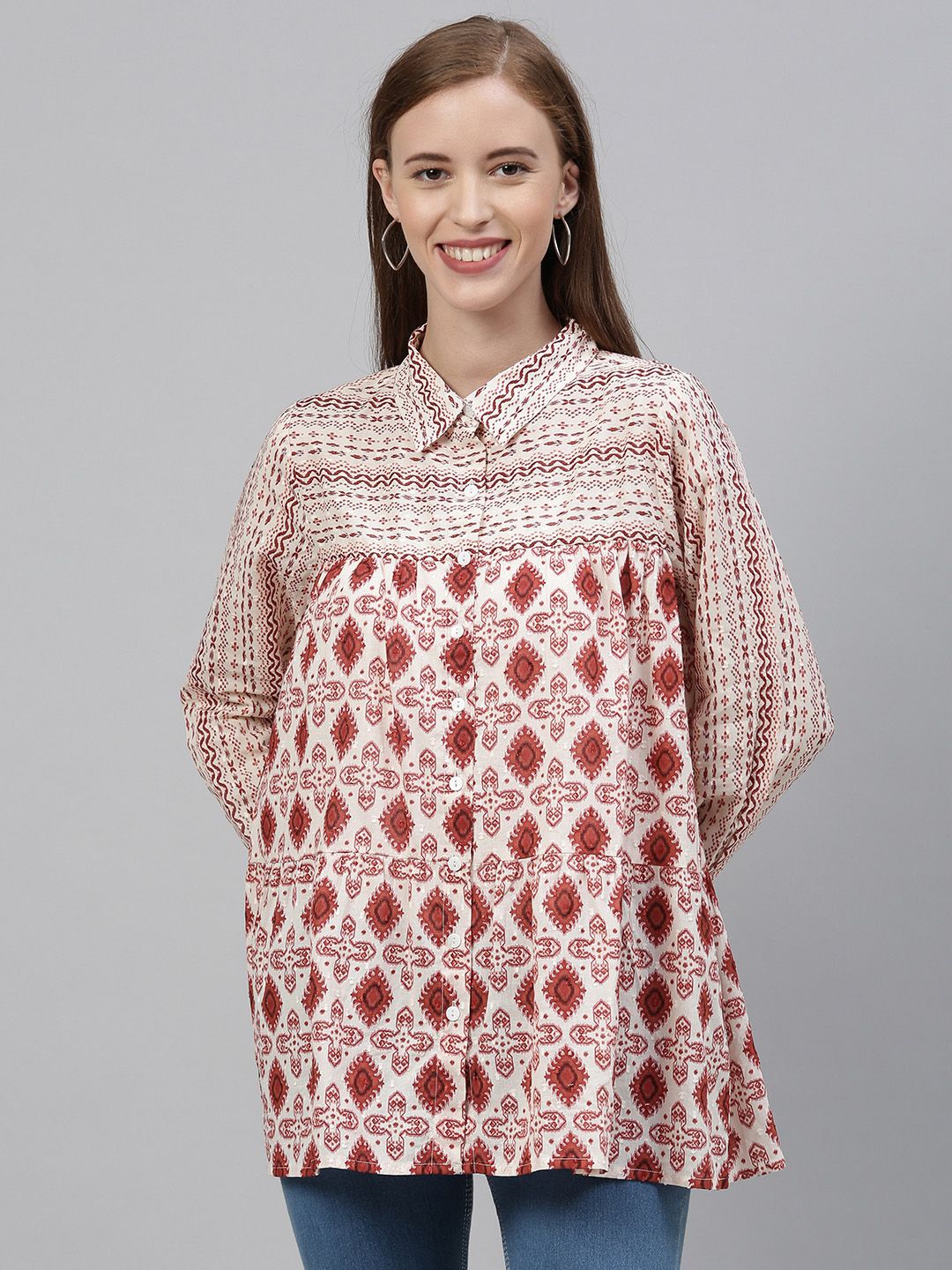 Global Desi Women White Printed Shirt Style Top