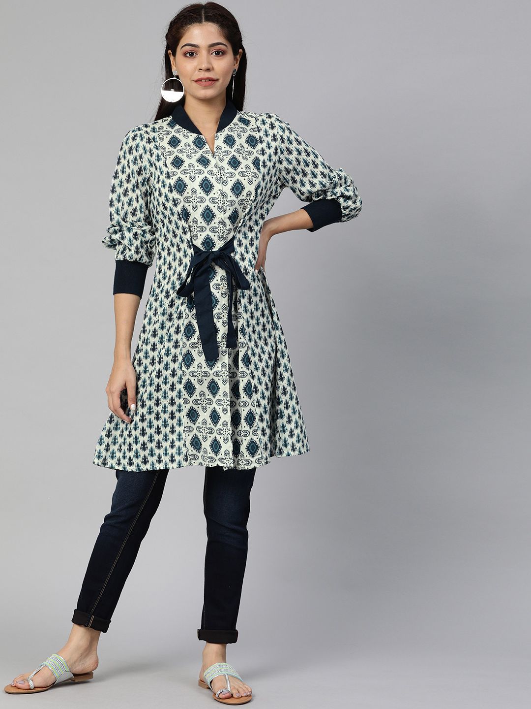 Global Desi Women's White & Blue Printed Panelled Tunic with Waist Tie-Ups Price in India