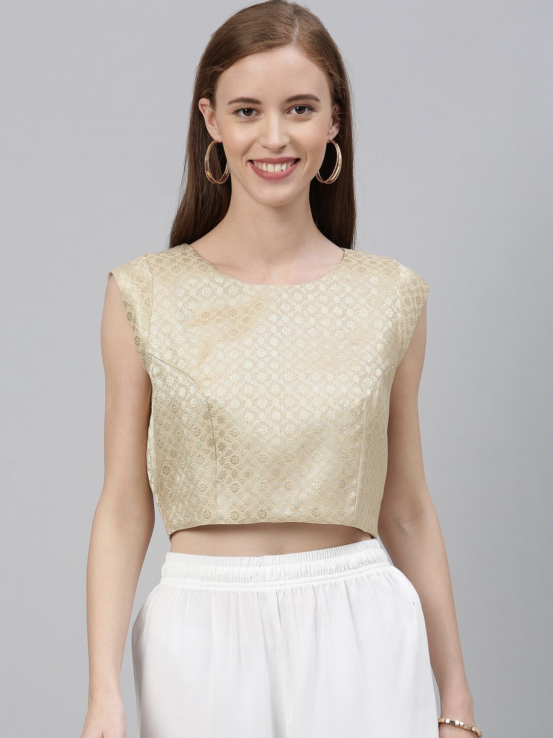 Global Desi Women Beige & Golden Woven Design Crop Top