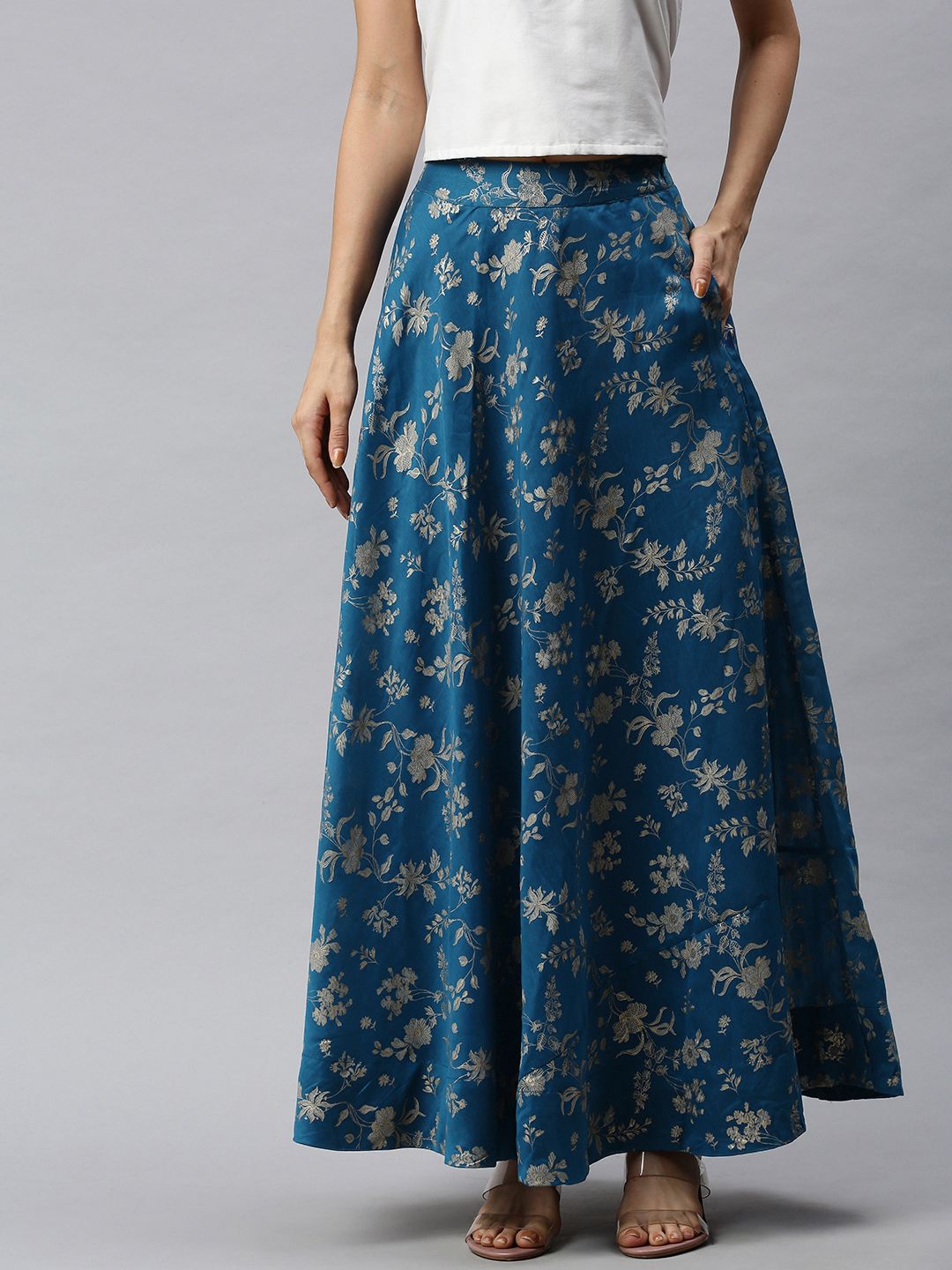 Global Desi Women Teal Blue & Gold-Toned Printed Flared Maxi Skirt