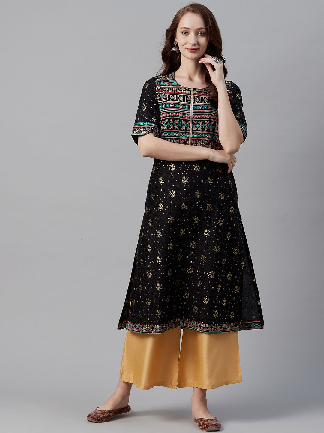 Biba Women Black & Golden Printed A-Line Kurta