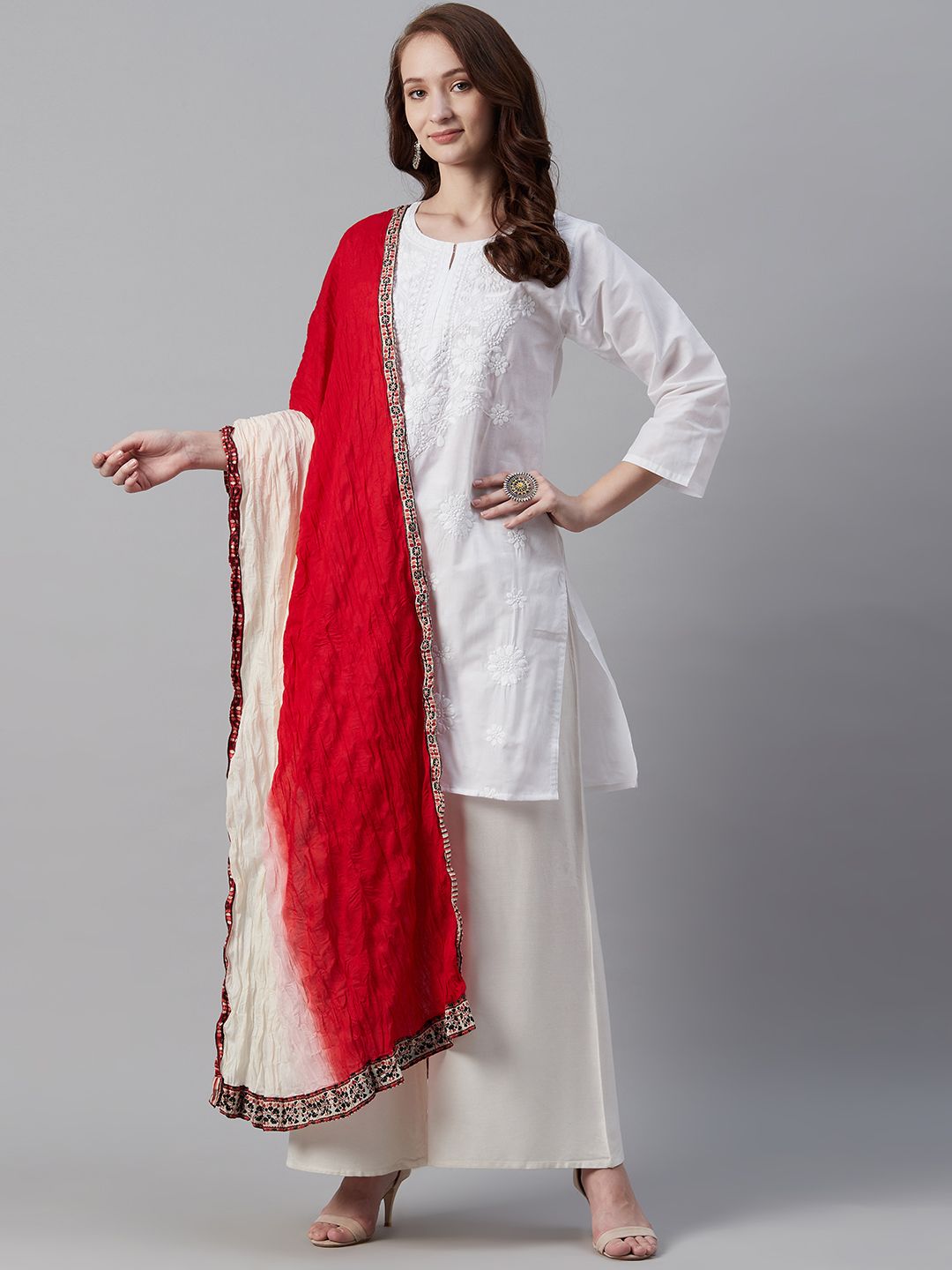 Biba Red & White Ombre Effect Crinkled Cotton Dupatta Price in India