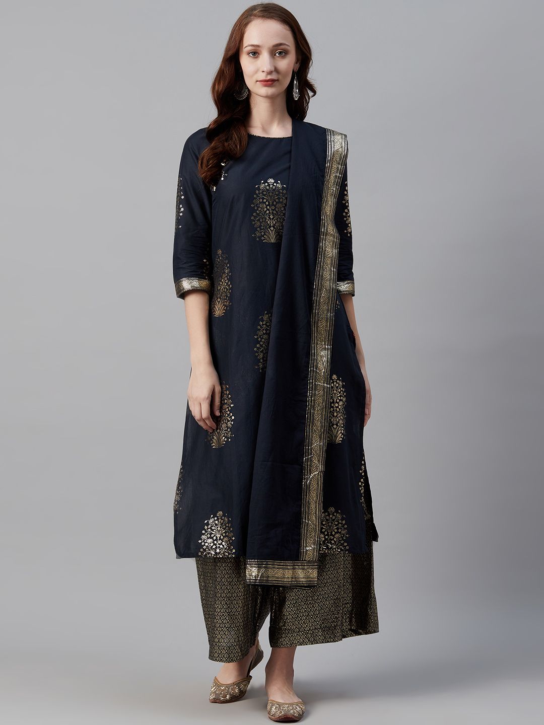 Biba Women Navy Blue & Golden Printed Kurta with Palazzos & Dupatta