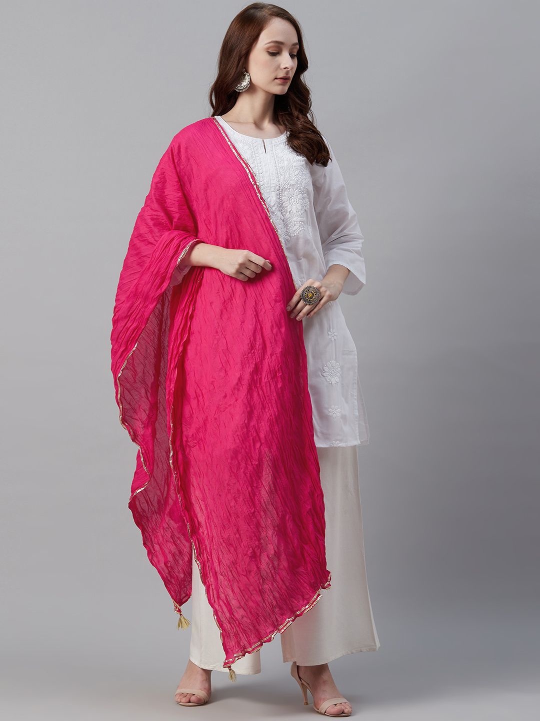 Biba Pink Solid Crinkled Tasselled Cotton Dupatta Price in India