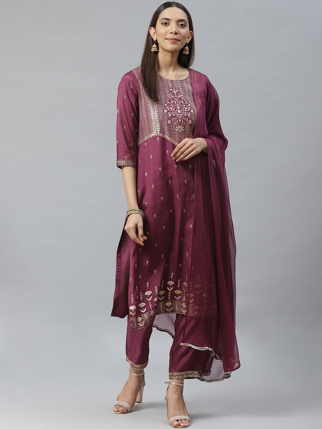 Biba Women Purple & Golden Ethnic Motifs Print Kurta with Solid Trousers & Dupatta