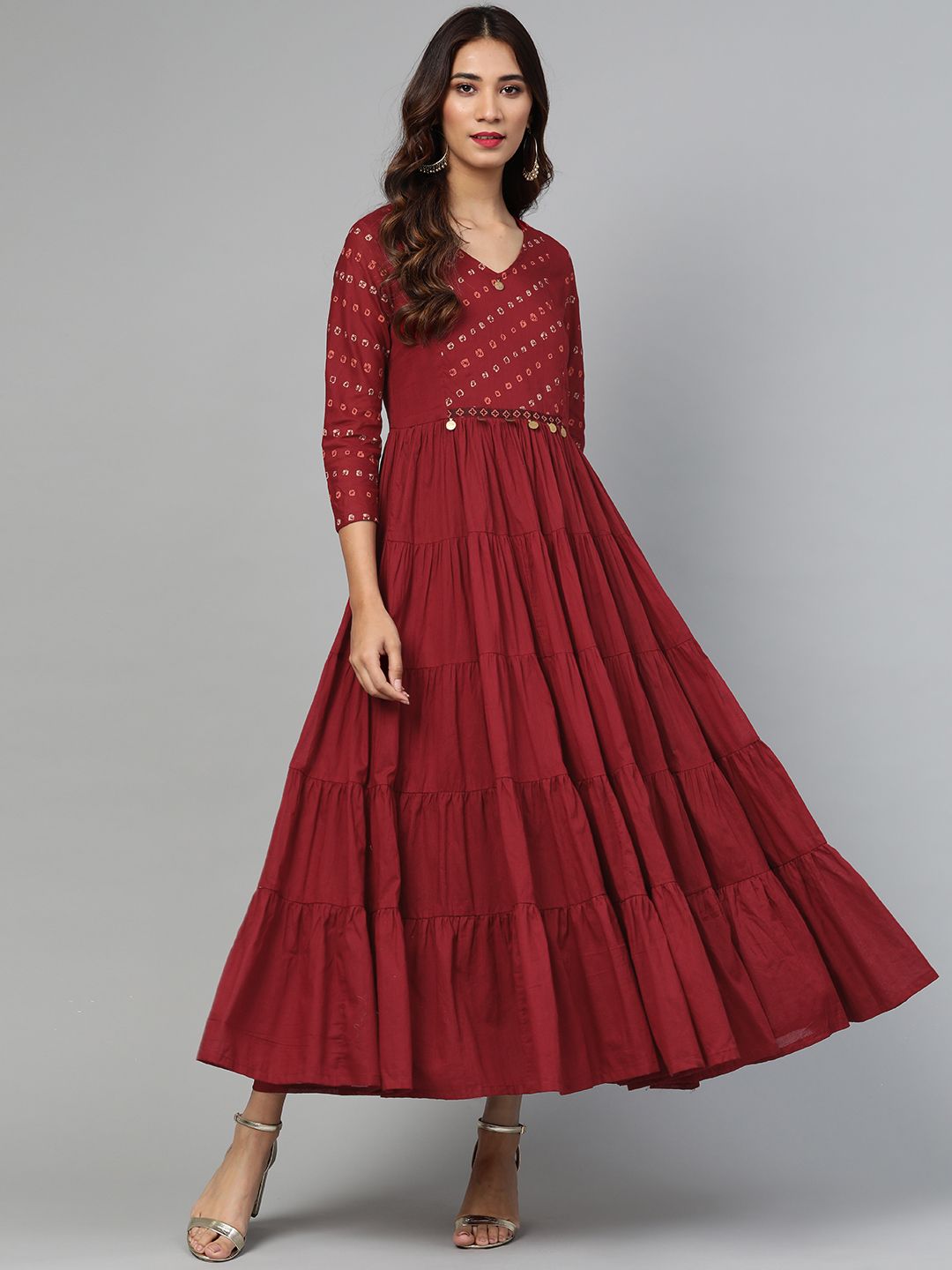 Biba Women Maroon Solid Tiered Maxi A-Line Dress With Printed Detail