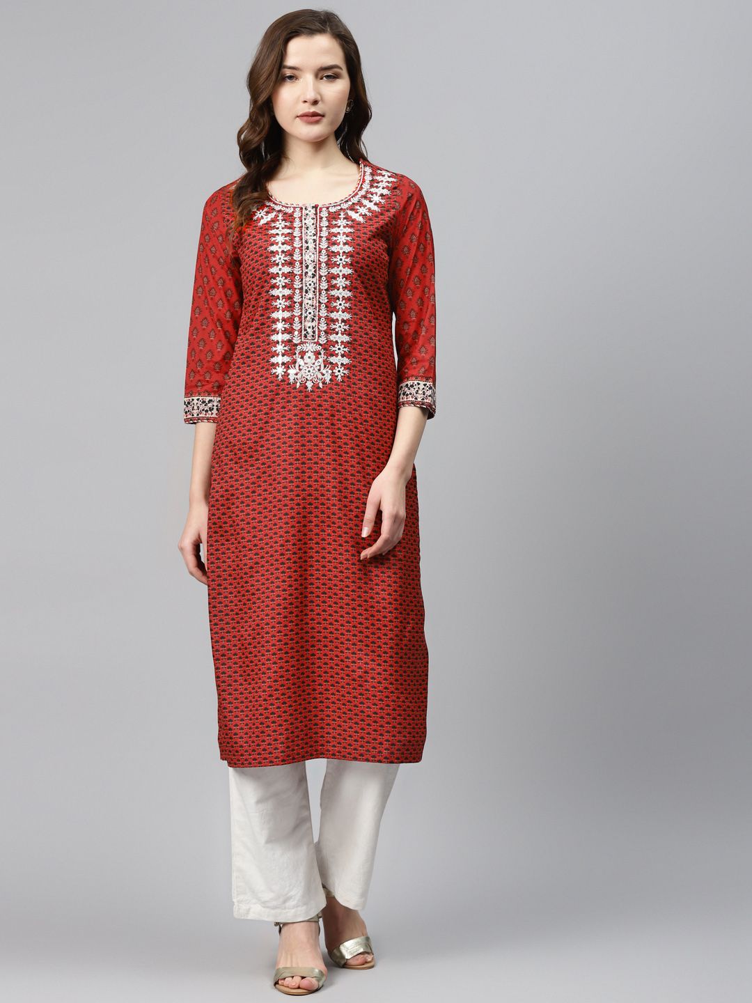 Biba Women Maroon & Black Printed Straight Kurta Price in India