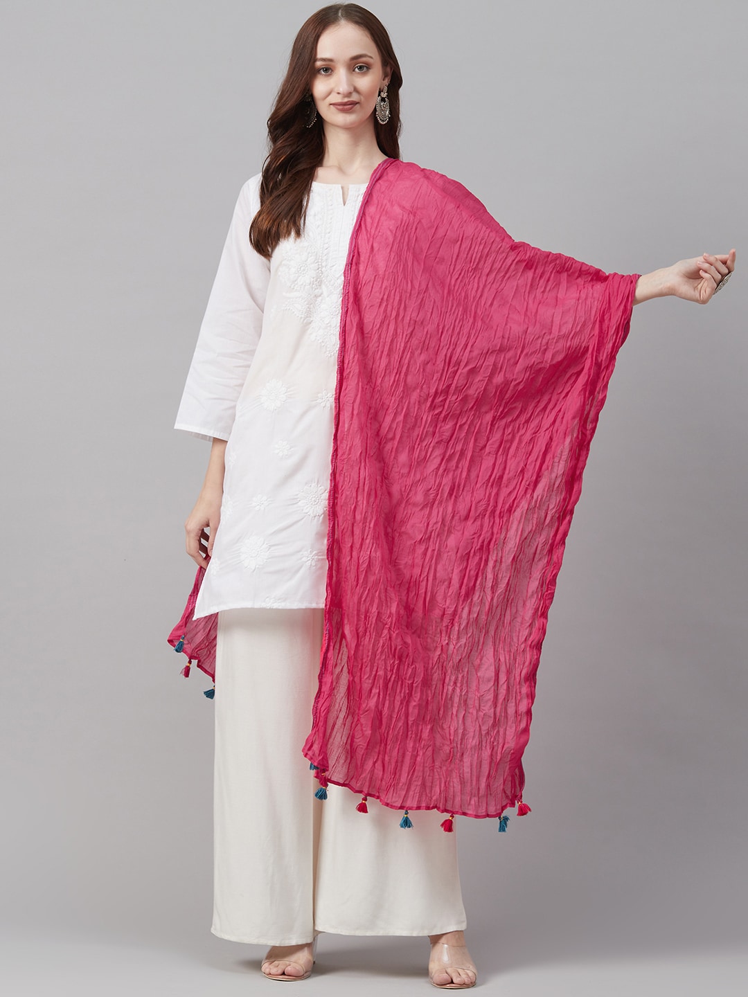 Biba Pink Solid Crinkled Cotton Dupatta Price in India