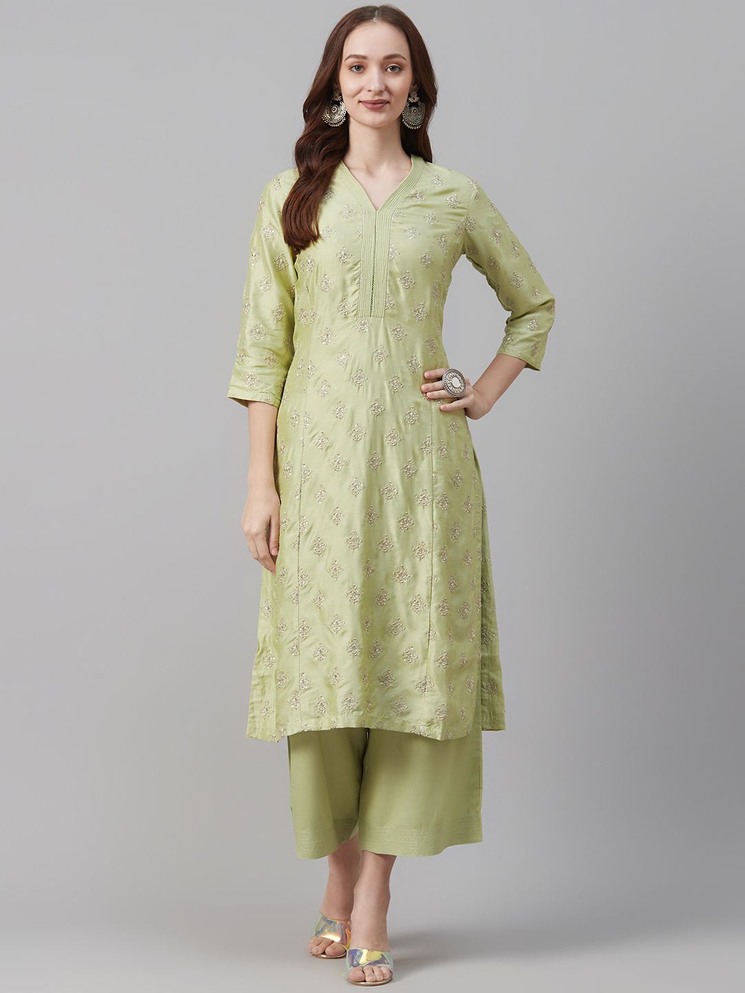 Biba Women Green & Golden Embroidered Kurta with Palazzos & Dupatta