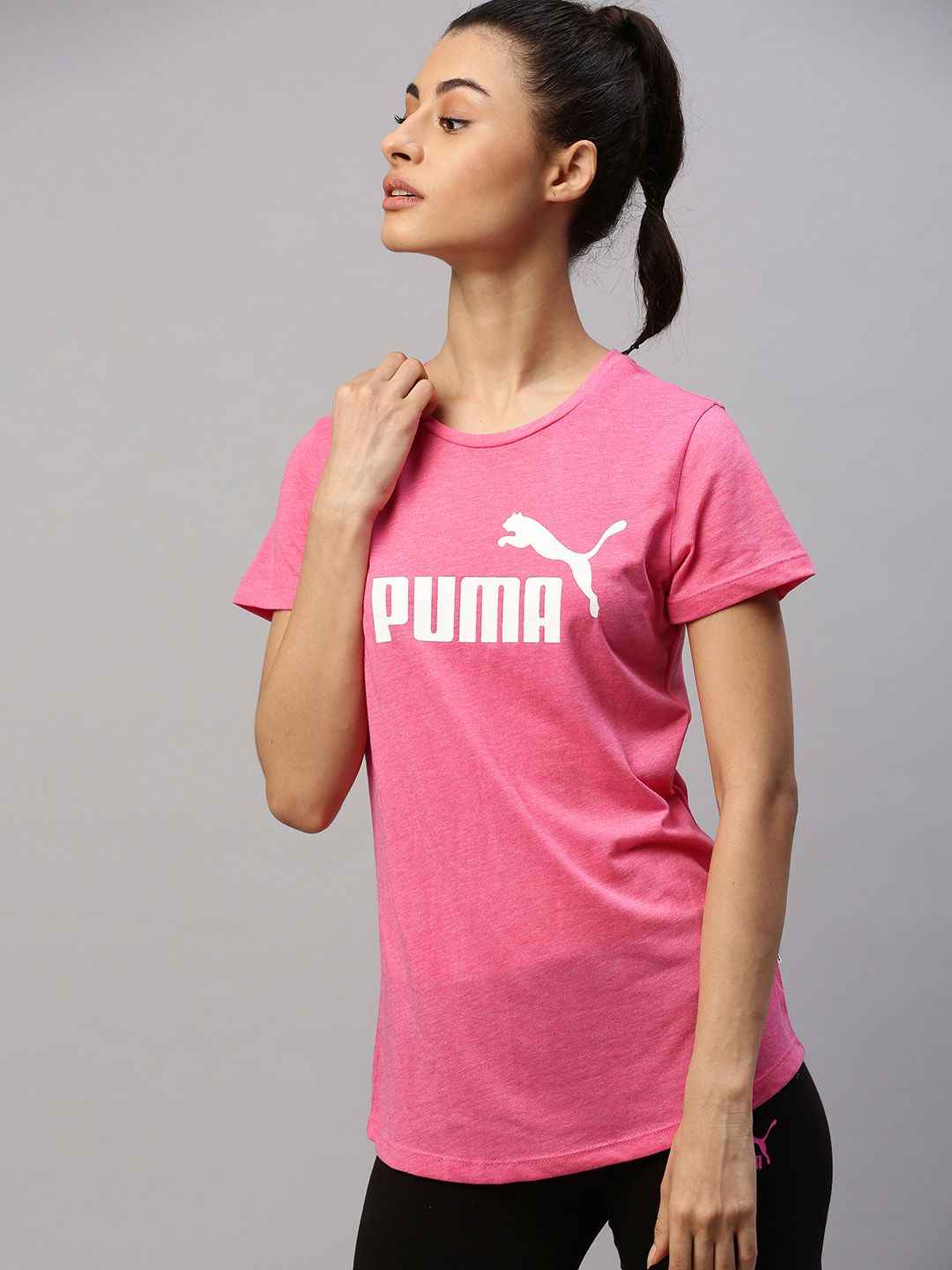 Puma Women Pink Printed Round Neck ESS+ Logo Heather T-shirt Price in India