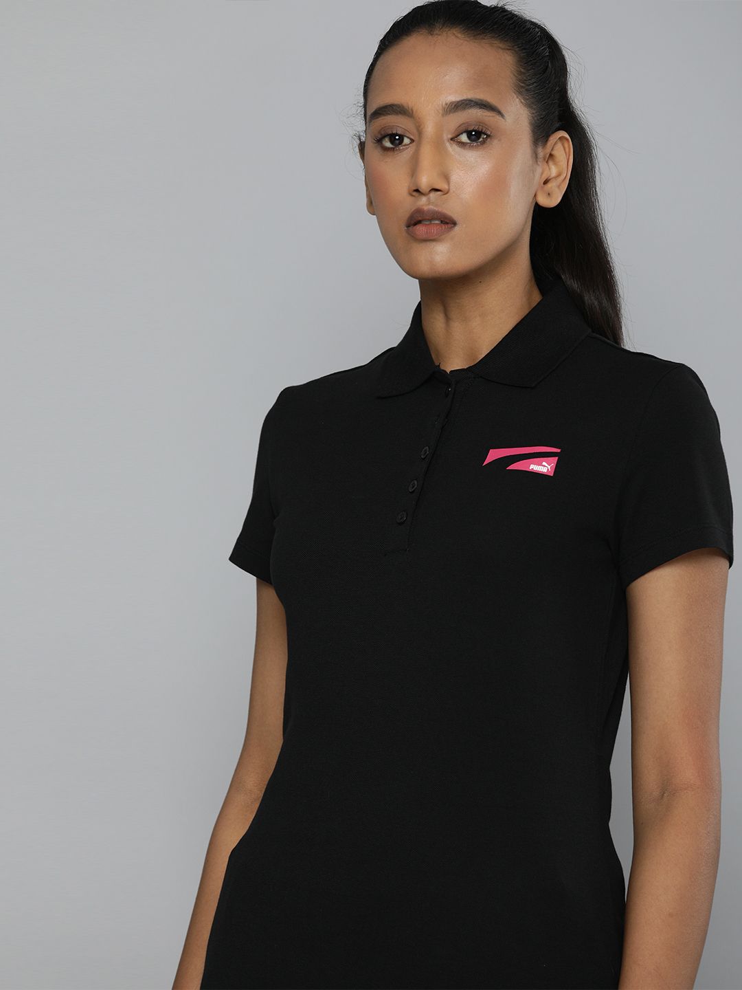 Puma Women Black Formstripe Small Logo Polo Collar T-shirt Price in India