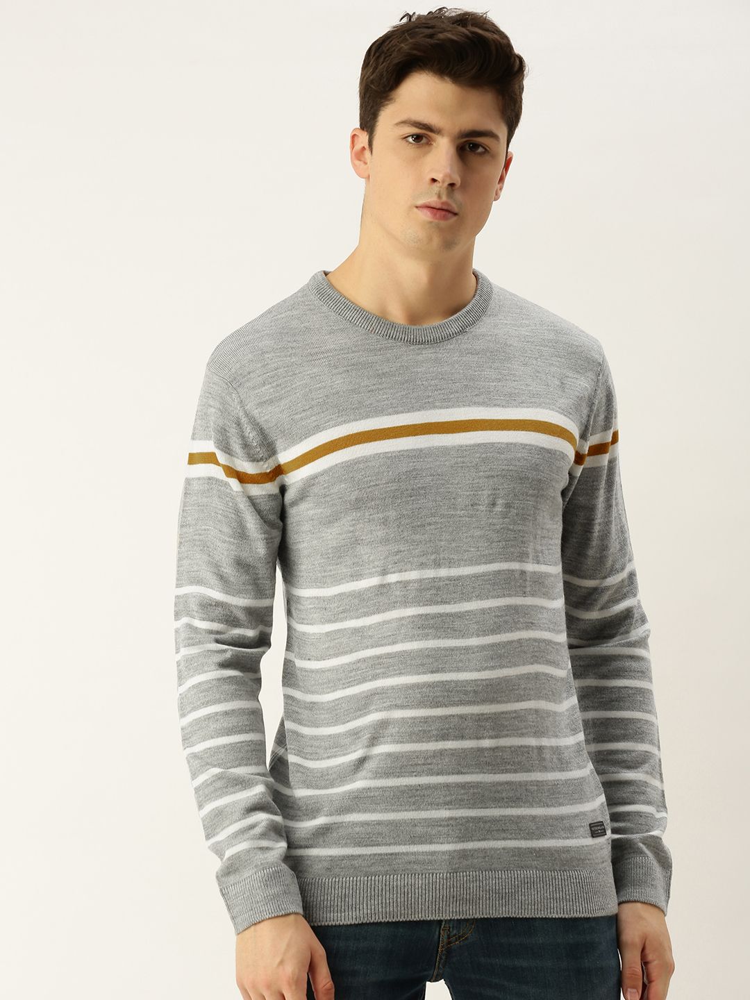 Peter England Men Grey White Striped Pullover Sweater Price