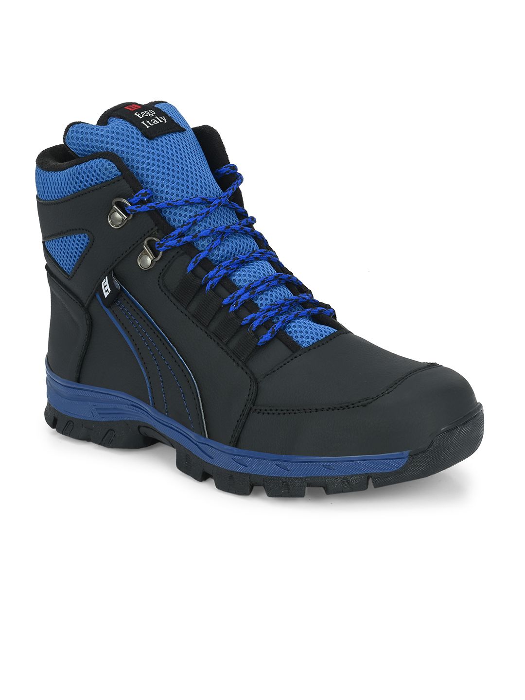 Eego Italy Men Black & Blue Canvas High-Top Leather Trekking Shoes With Anti Skid Sole