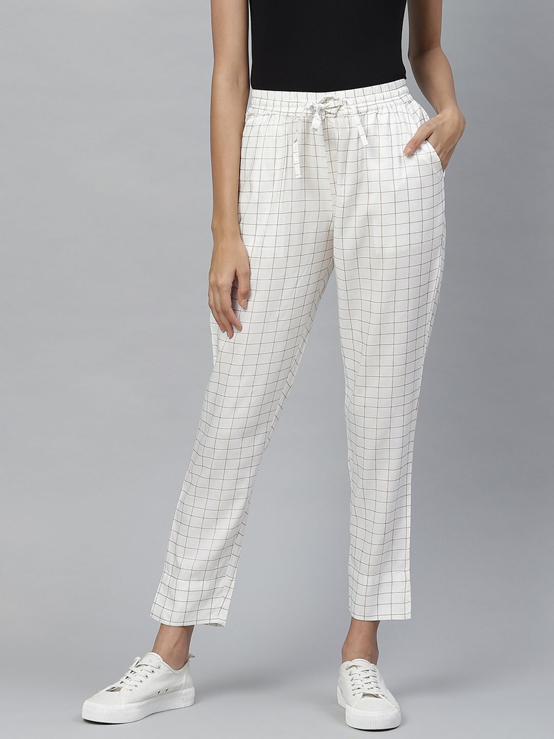 YASH GALLERY Women White & Golden Checked  Regular Fit Trousers Price in India