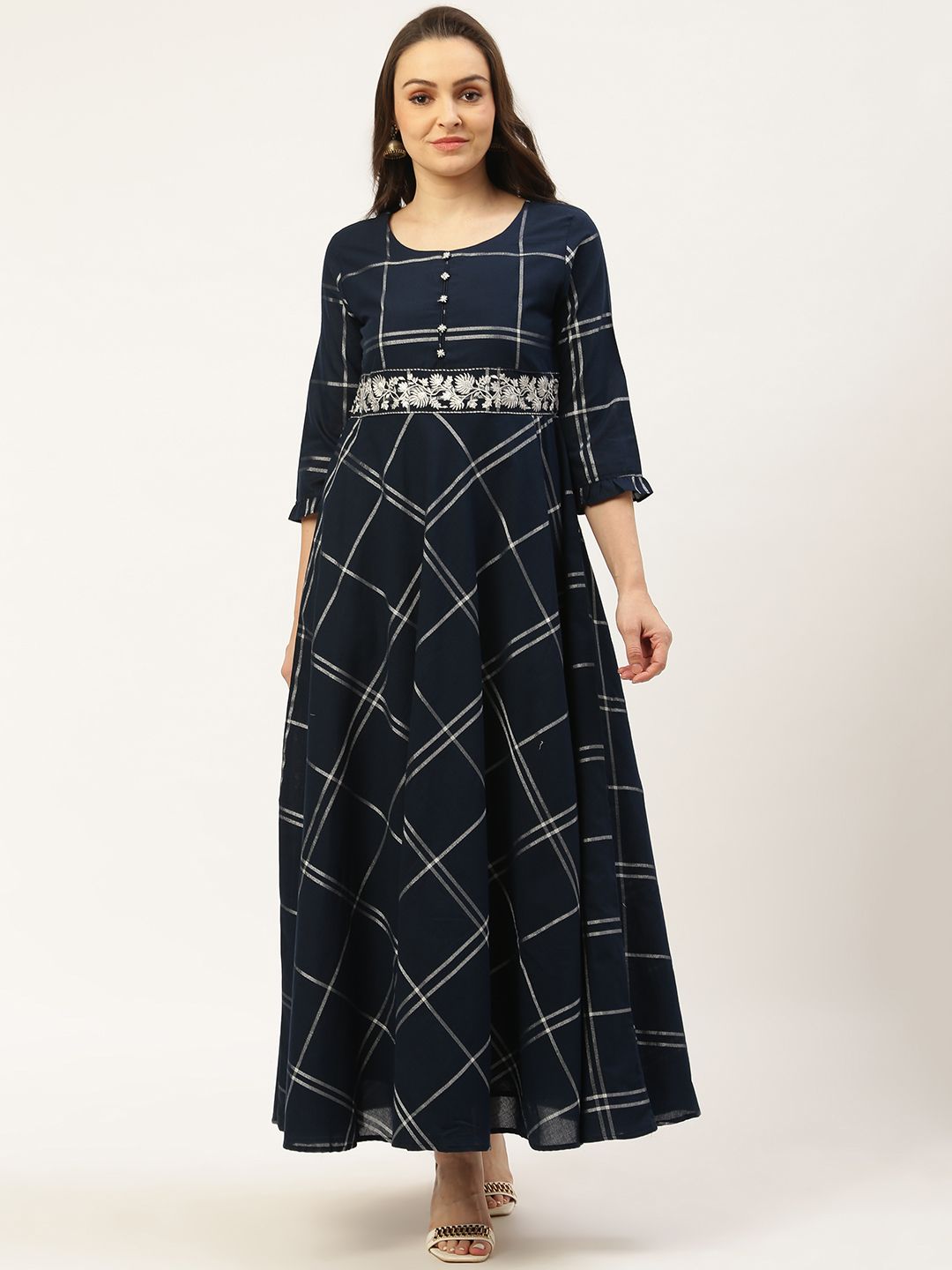 Laabha Women Navy Blue & Silver Checked Maxi Dress