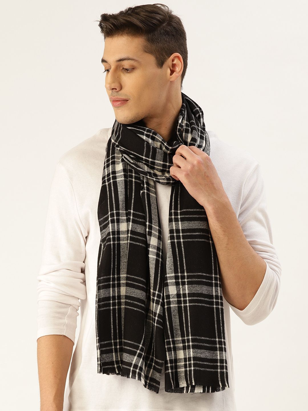 Anekaant Unisex Black & White Checked Frayed Stole Price in India